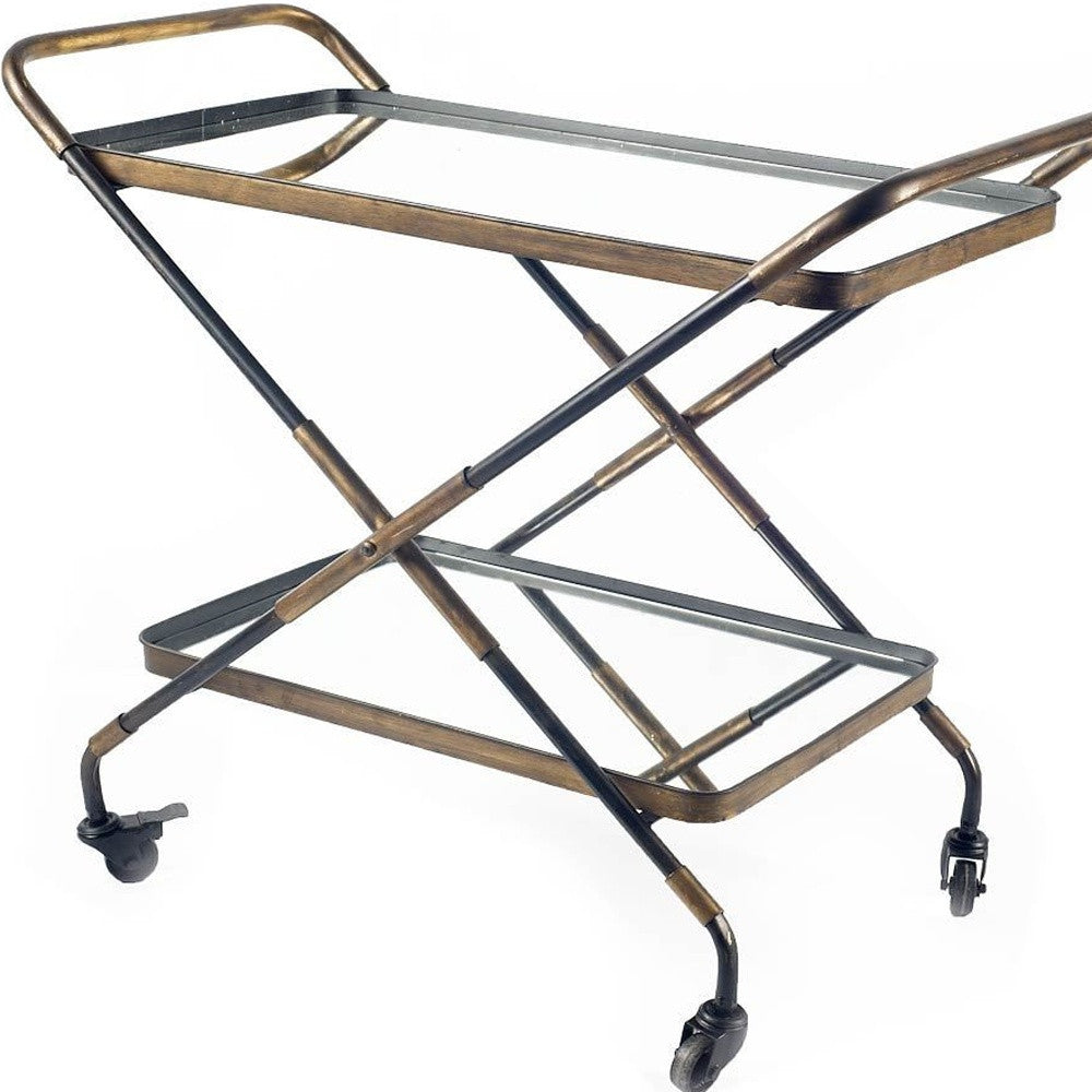 Rectangular Black And Gold Metal With Mirror Glass Shelves Bar Cart