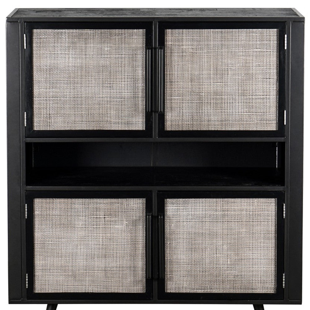 Modern Rustic Black Rattan Double Decker Accent Cabinet