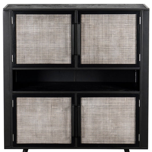 Modern Rustic Black Rattan Double Decker Accent Cabinet