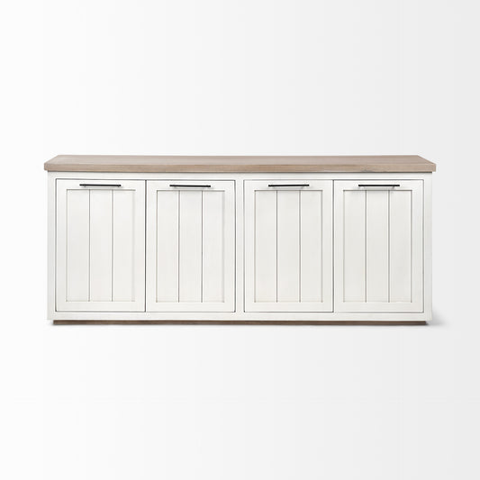 Brown Solid Mango Wood Top & White Frame Sideboard With 4 Cabinet Doors