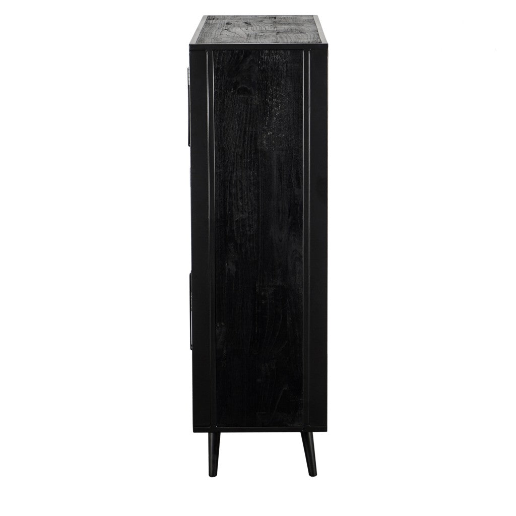 Modern Rustic Black Rattan Double Decker Accent Cabinet