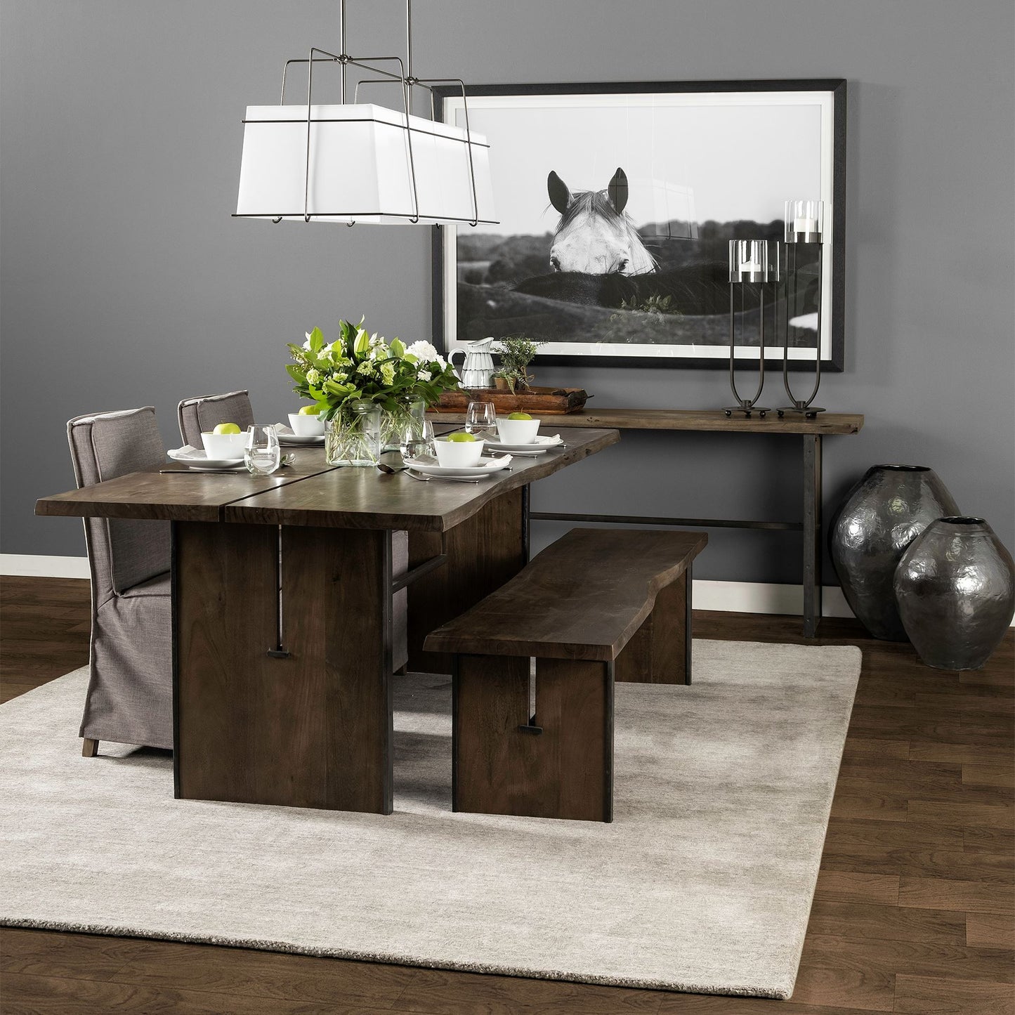 Set Of Two Gray And Brown Slipcovered Wood Parsons Chairs