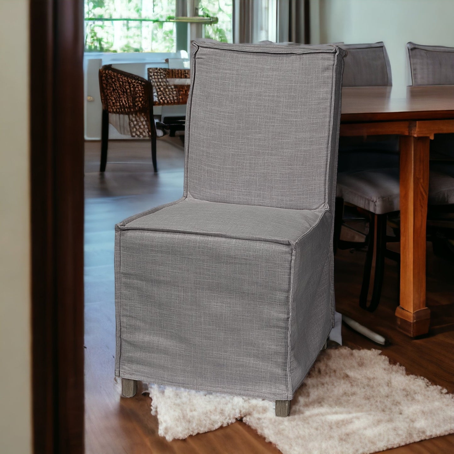 Set Of Two Gray And Brown Slipcovered Wood Parsons Chairs