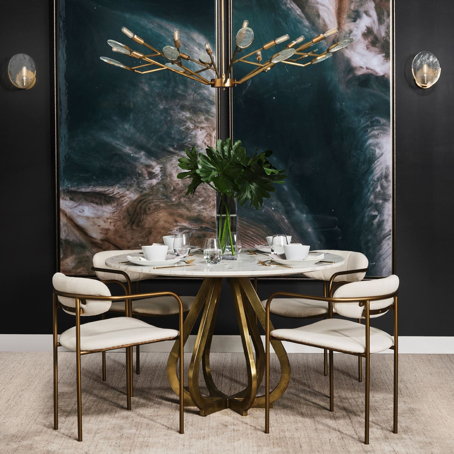 48" Marble Top With Gold Metal Base Dining Table