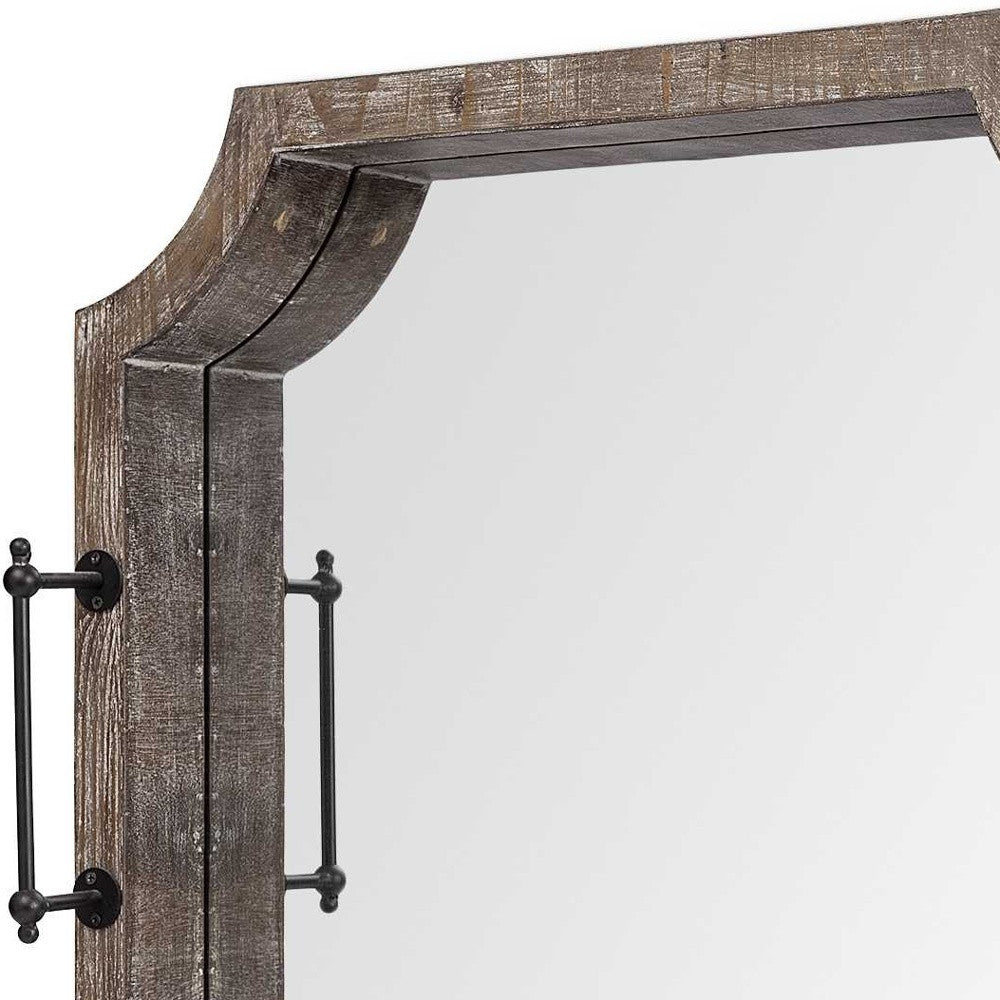 Rustic Antique Wash Finish Wood With Mirrored Glass Bottom And Metal Handle Tray