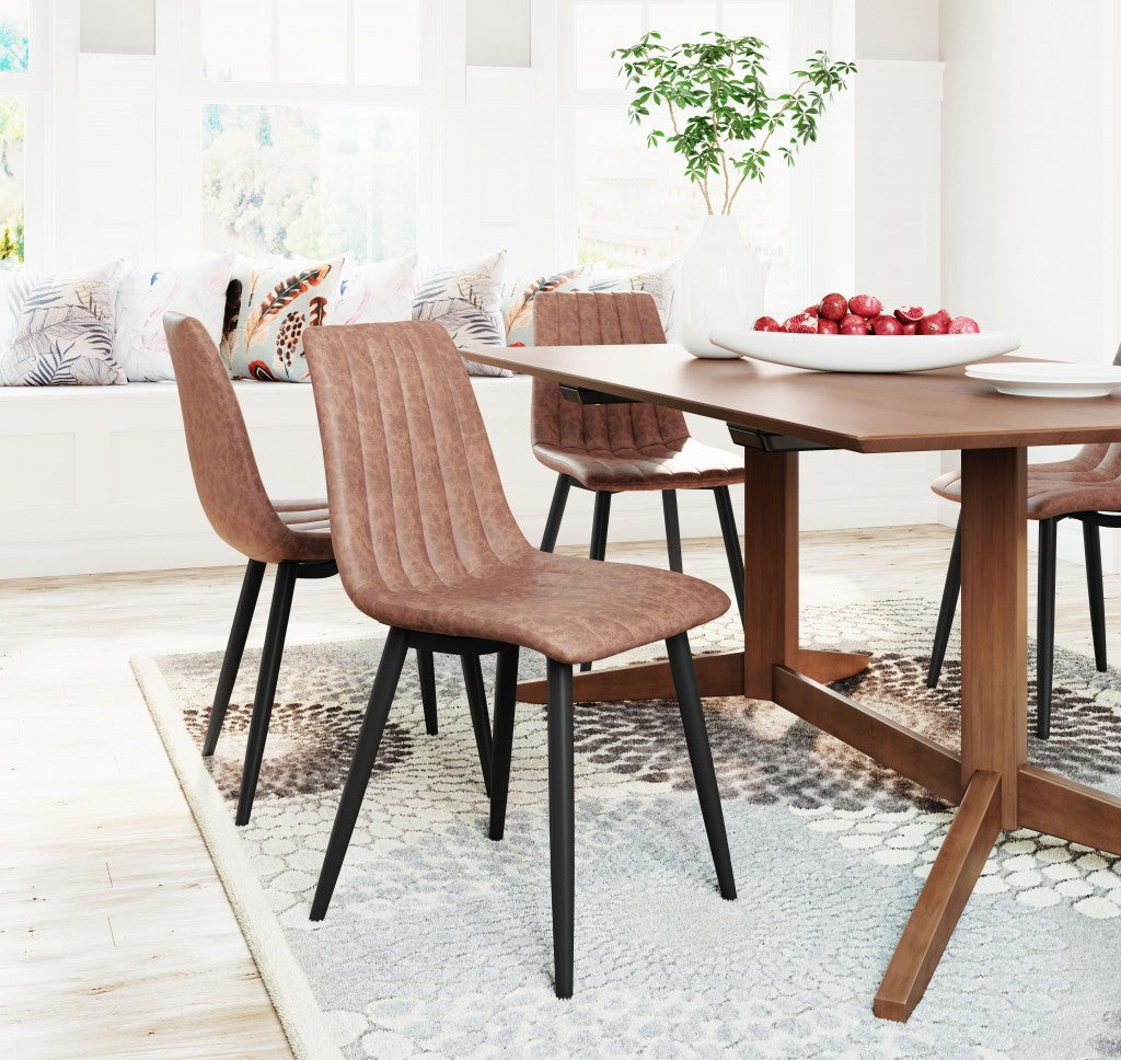 Set of Two Brown Faux Leather Channel Scoop Dining Chairs