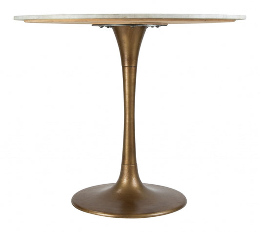 36" Modern White Marble and Burnished Gold Pedestal Bistro Table