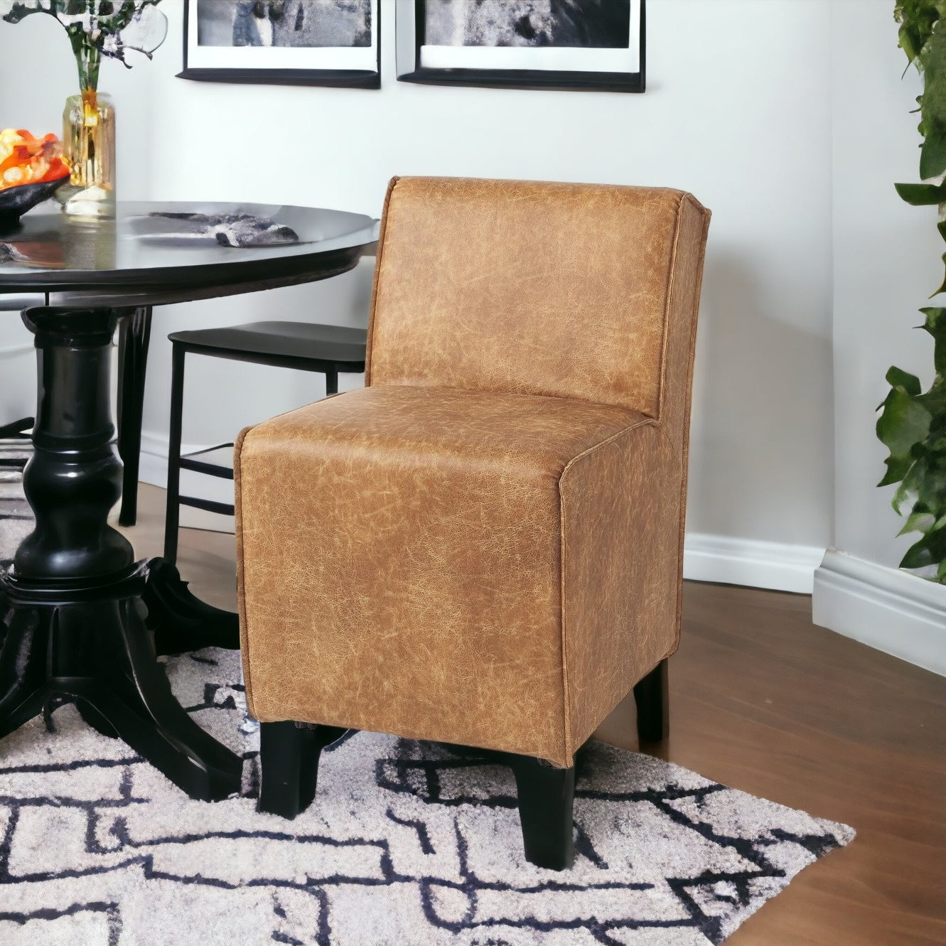 Set Of Two Brown Upholstered Faux Leather Side Chairs With Wheels