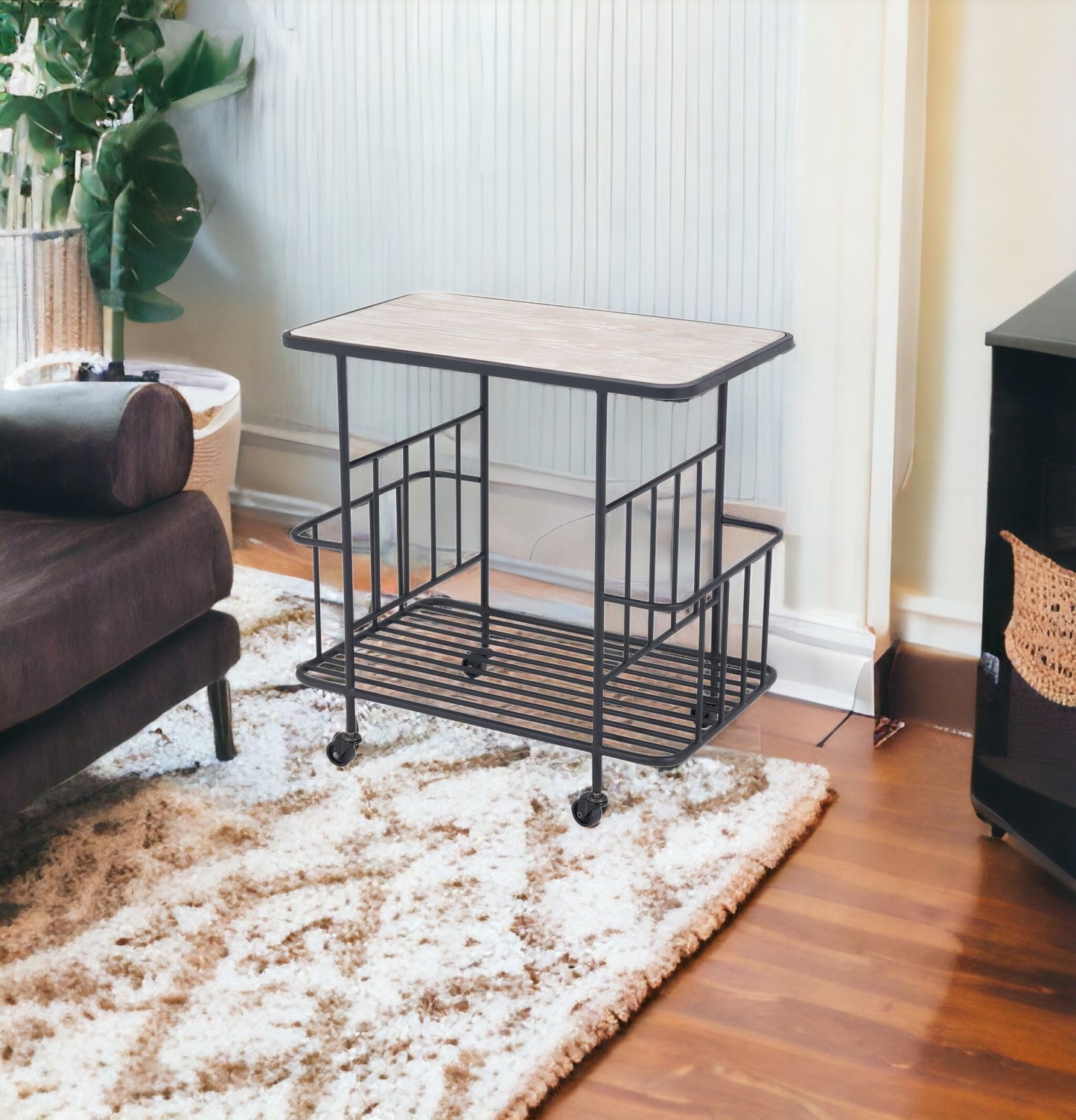 Black and White Steel Rolling Bar Cart