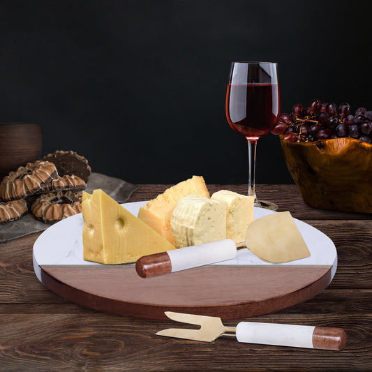 12" Wood and Marble Cheese Board and Knife Set