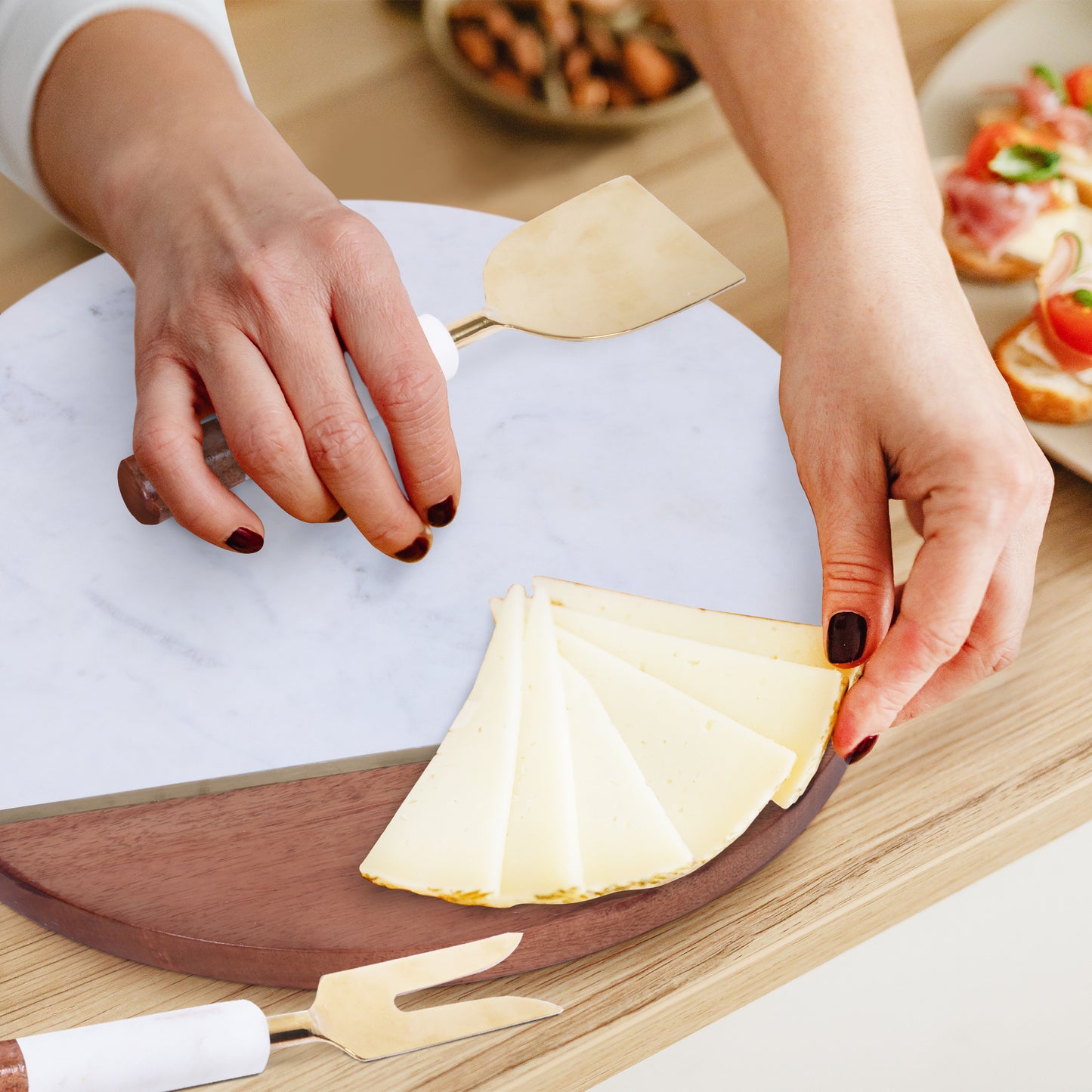 12" Wood and Marble Cheese Board and Knife Set