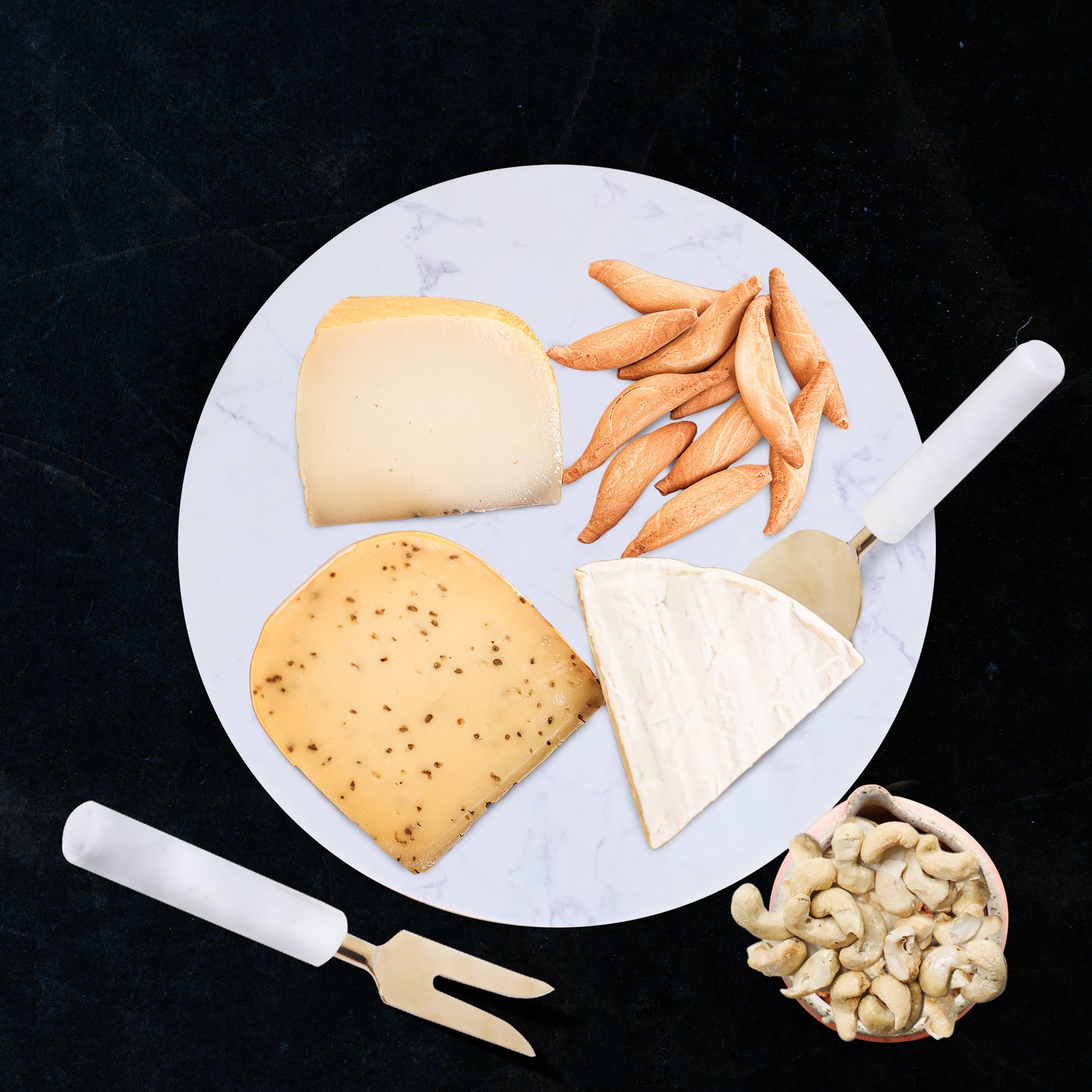 12" White Round Marble Cheese Board With Gold Cheese Knives