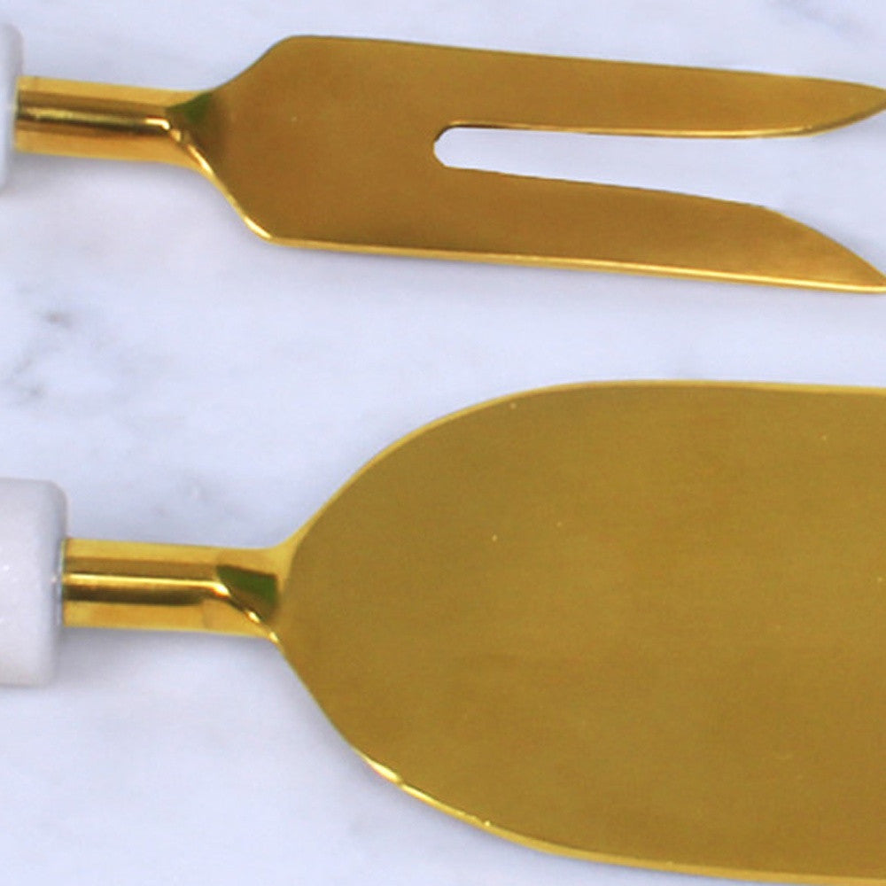 12" White Round Marble Cheese Board With Gold Cheese Knives