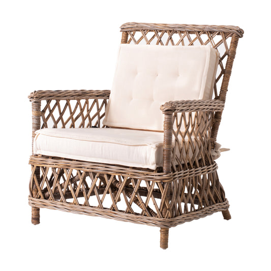 Set of Two Lattice Wicker Arm Chairs with Two Cushions