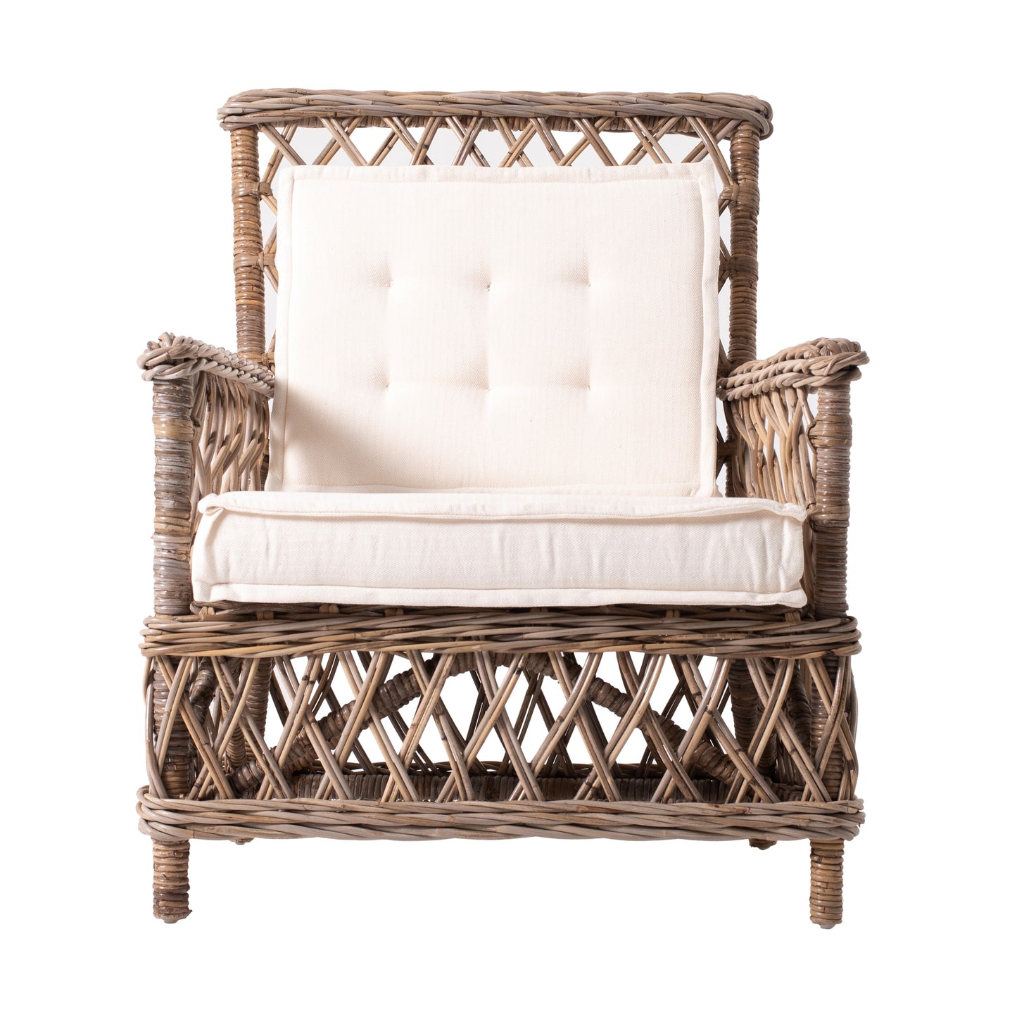 Set of Two Lattice Wicker Arm Chairs with Two Cushions