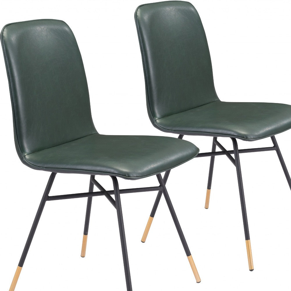 Set of Two Green and Black and Gold Upholstered Faux Leather Dining Side Chairs