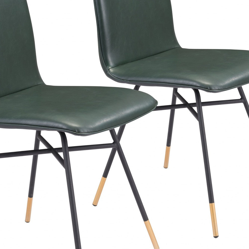 Set of Two Green and Black and Gold Upholstered Faux Leather Dining Side Chairs