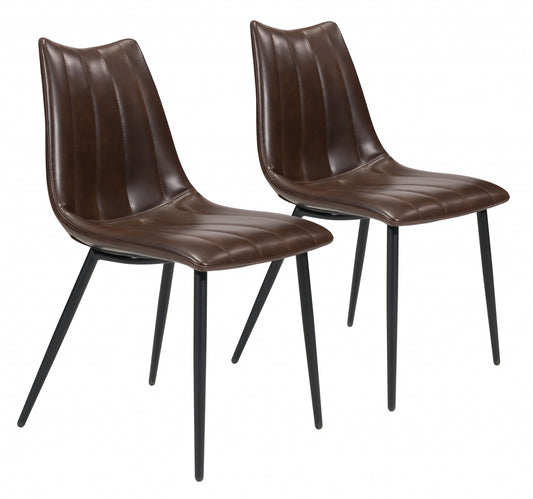 Set Of Two Black Brown Faux Leather Solid Back Dining Chairs