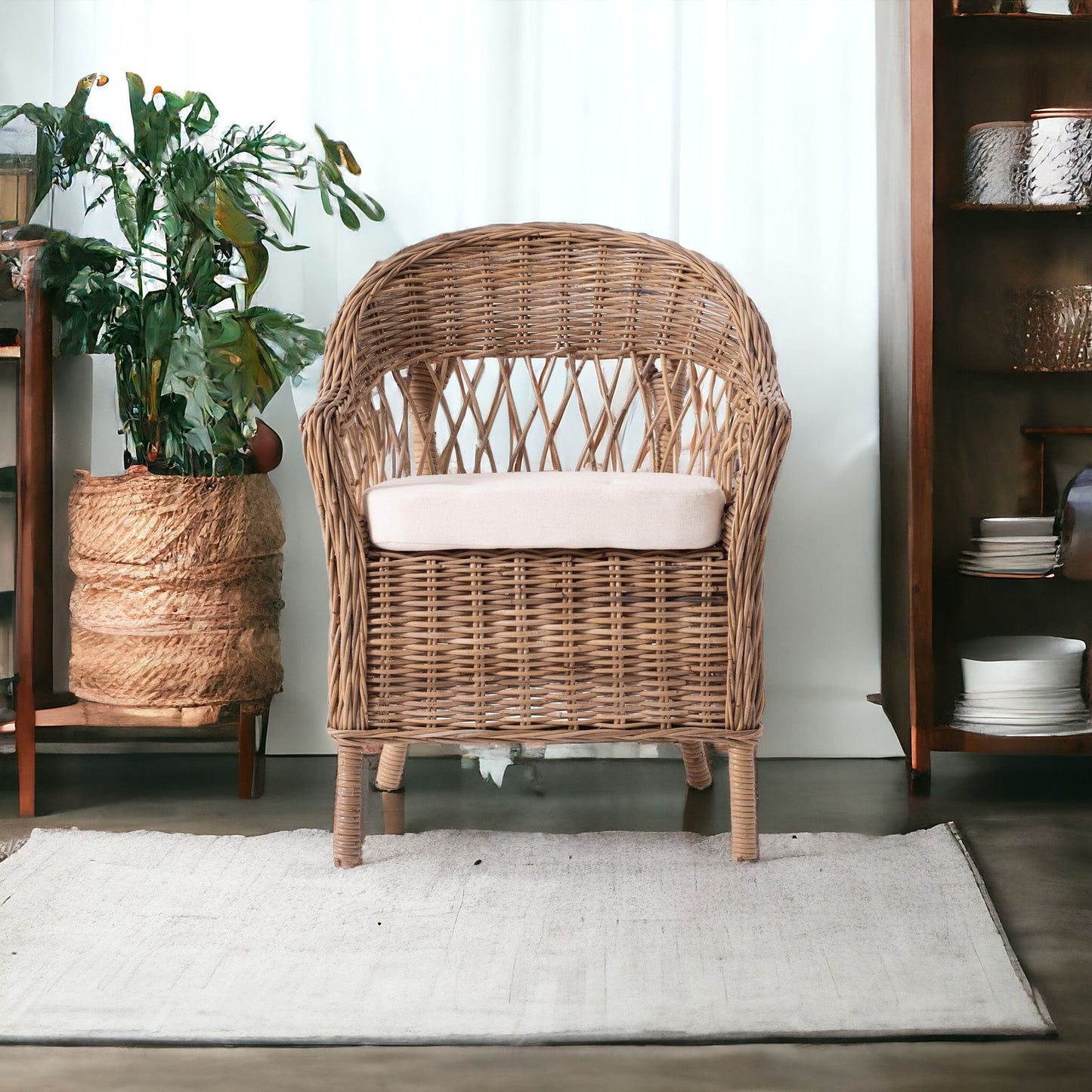 Set of Two Semi Circle Back Wicker Chairs with Seat Cushion