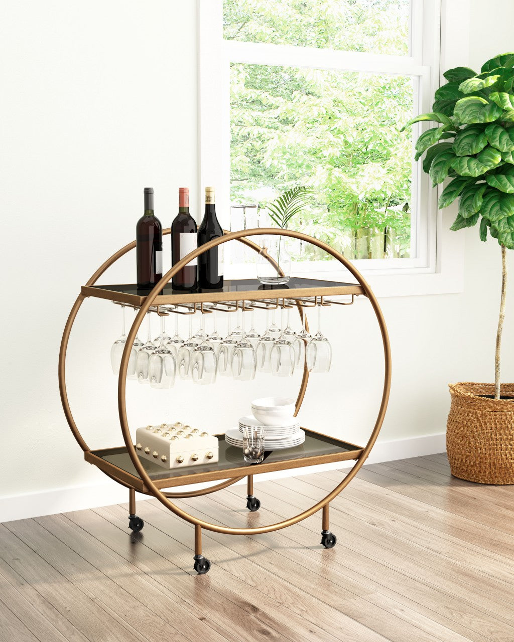 Black and Gold Iron And Mirrored Glass Rolling Bar Cart