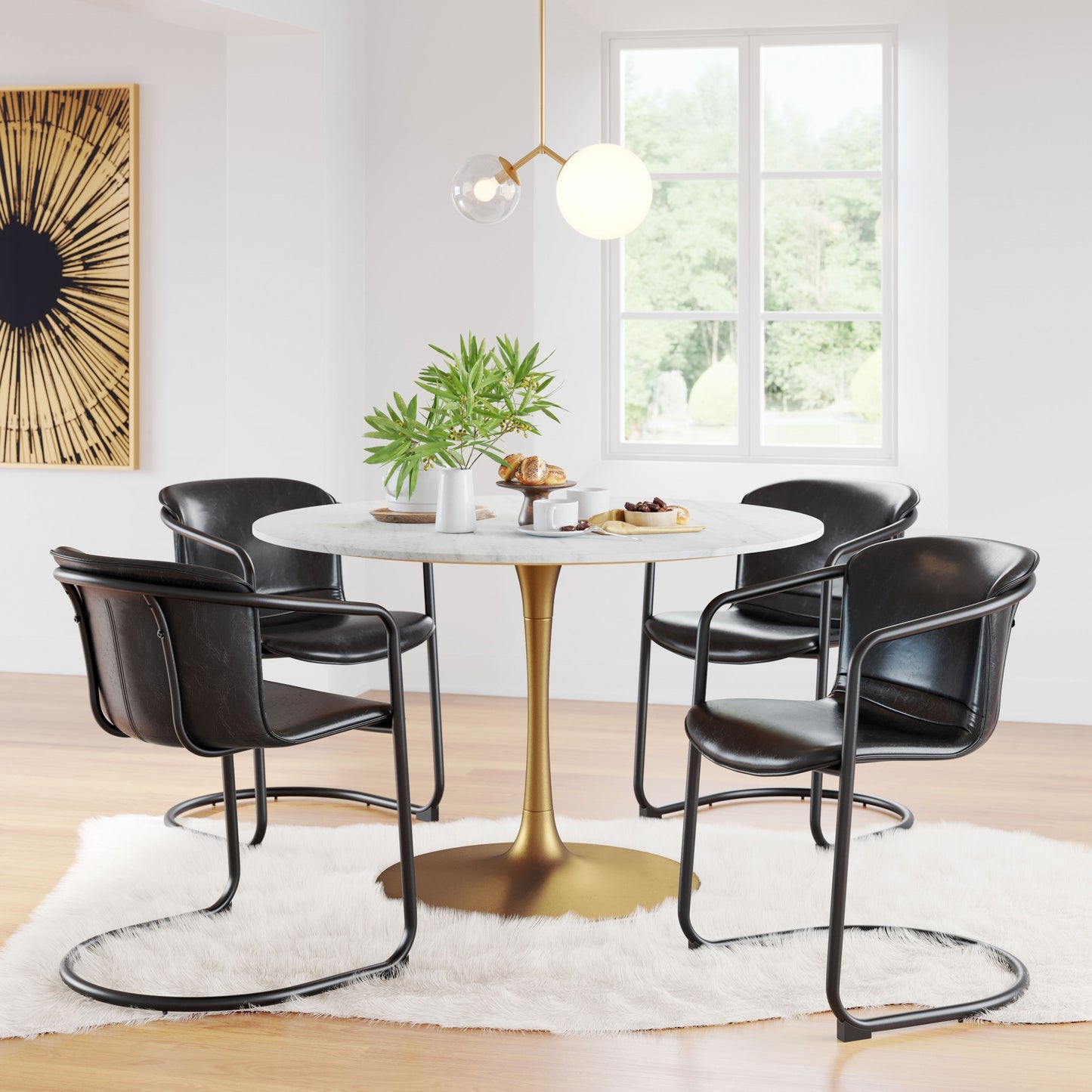 47" White Marble and Gold Round Pedestal Dining Table