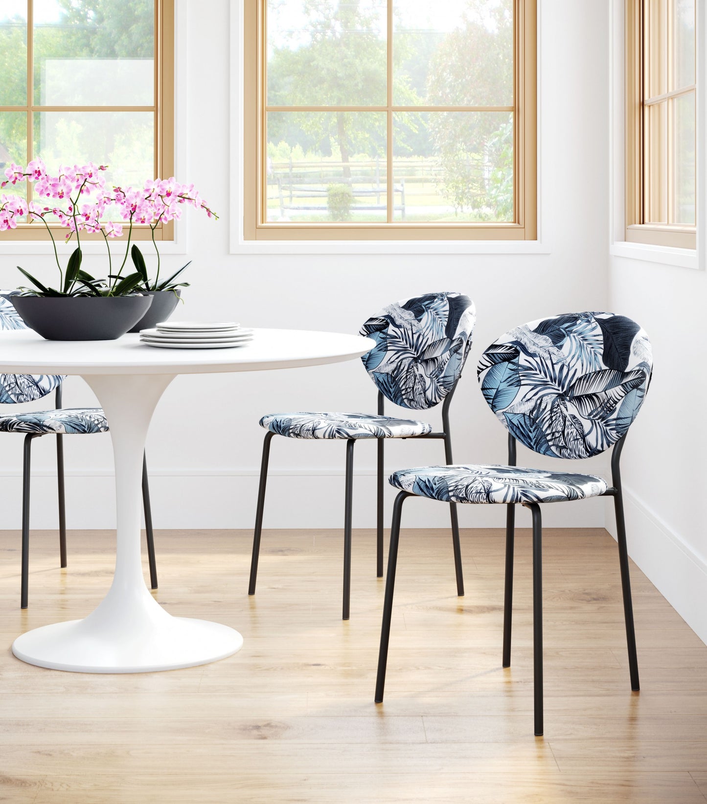 Set of Two Blue Black and White Tropical Design Dining or Side Chairs