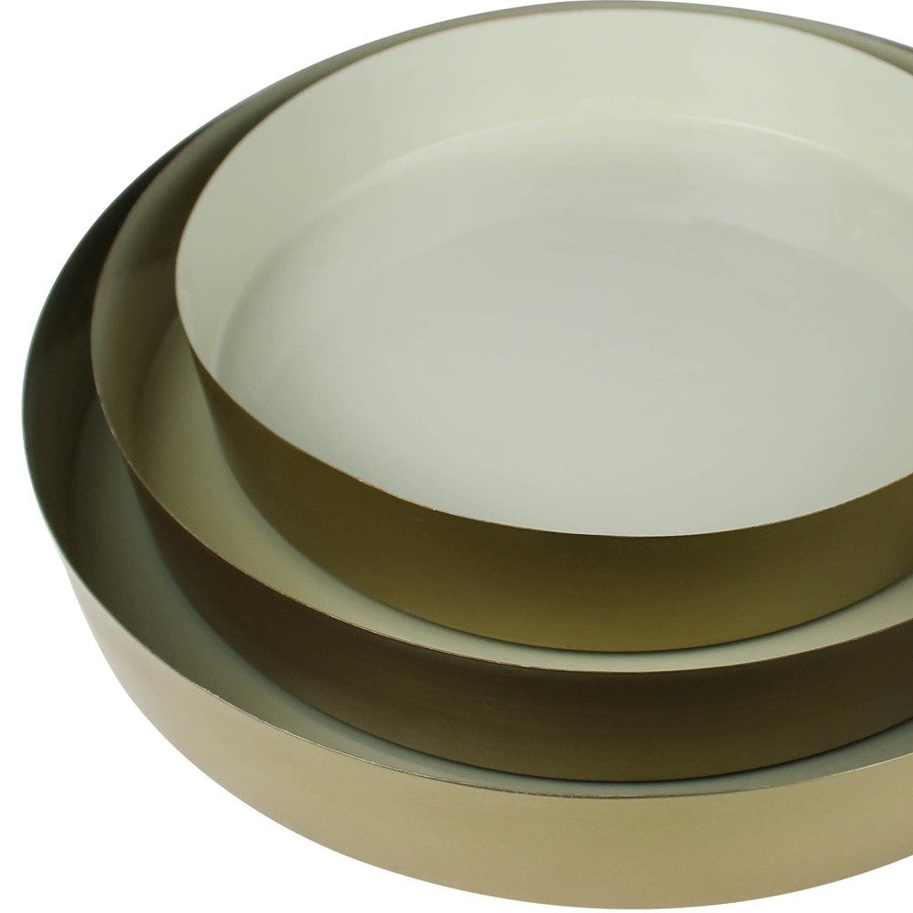 Set of Three Gold and Beige Metal Round Trays