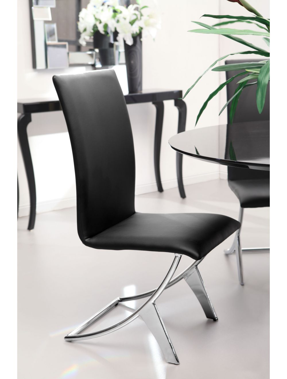 Set of Two Contempo Slim Black Faux Leather and Stainless Dining Chairs