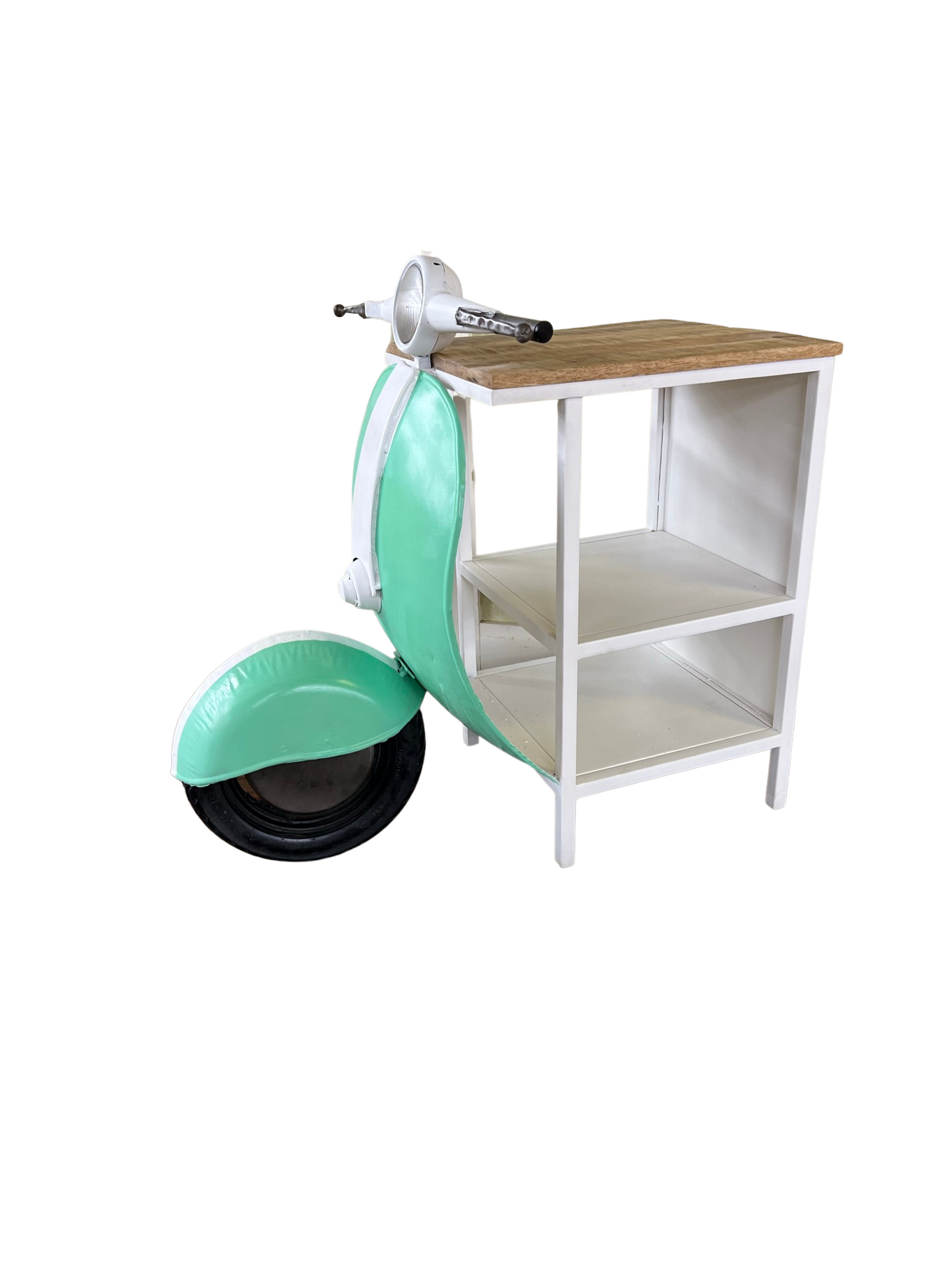 26" Green And White Novelty Scooter Open Cabinet with Two Shelves