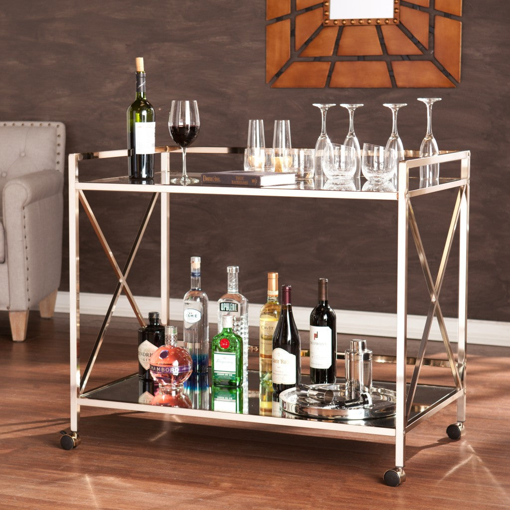 Metallic Gold Metal And Mirrored Glass Bar Cart