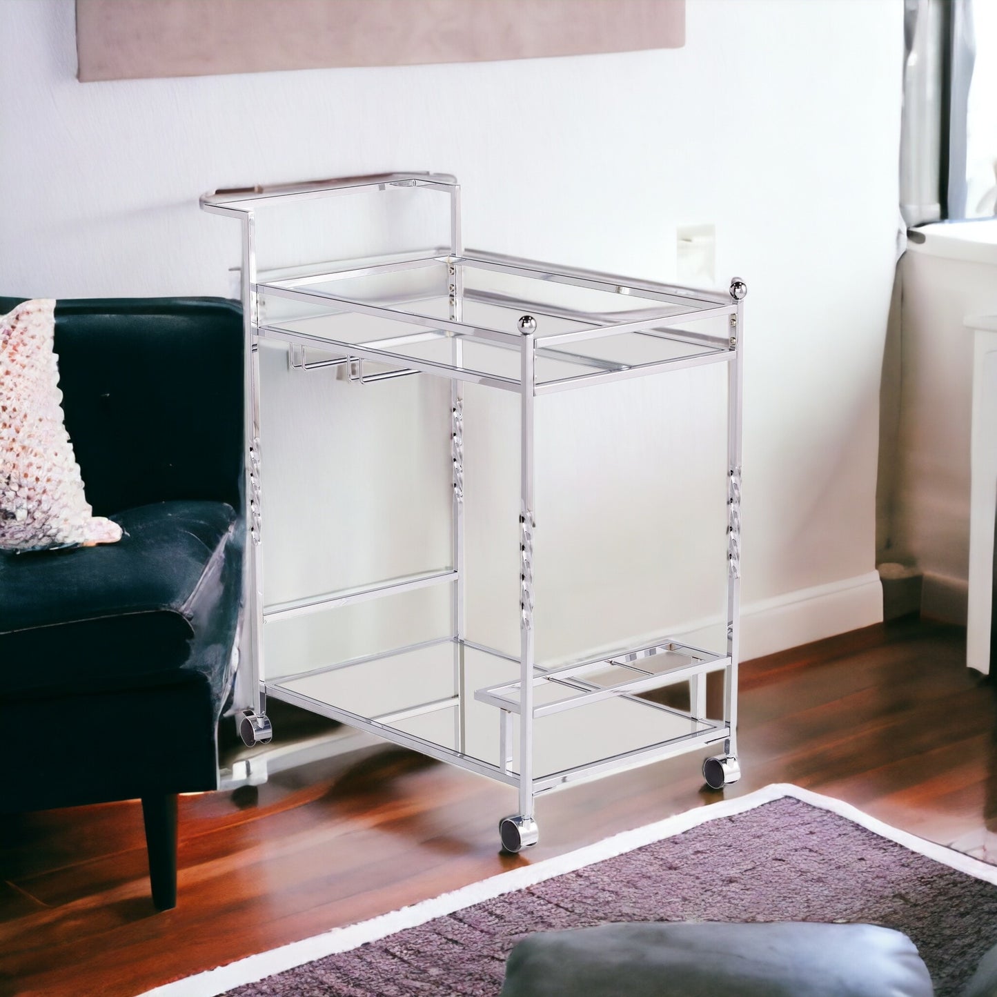 Silver Metal And Mirrored Glass Bar Cart With Wine Storage