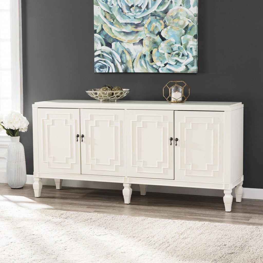 Antiqued White Geometric Lines Low Accent Cabinet Buffet