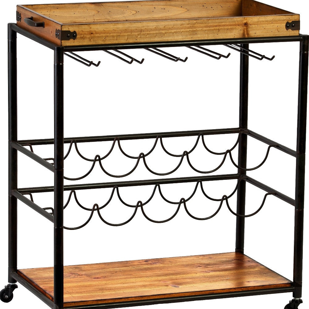 Brown and Black Metal Bar Cart With Wine Storage