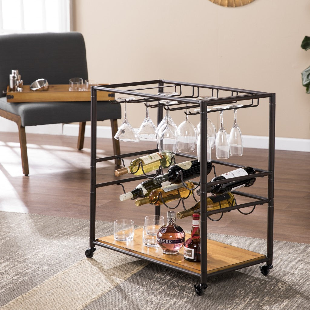 Brown and Black Metal Bar Cart With Wine Storage