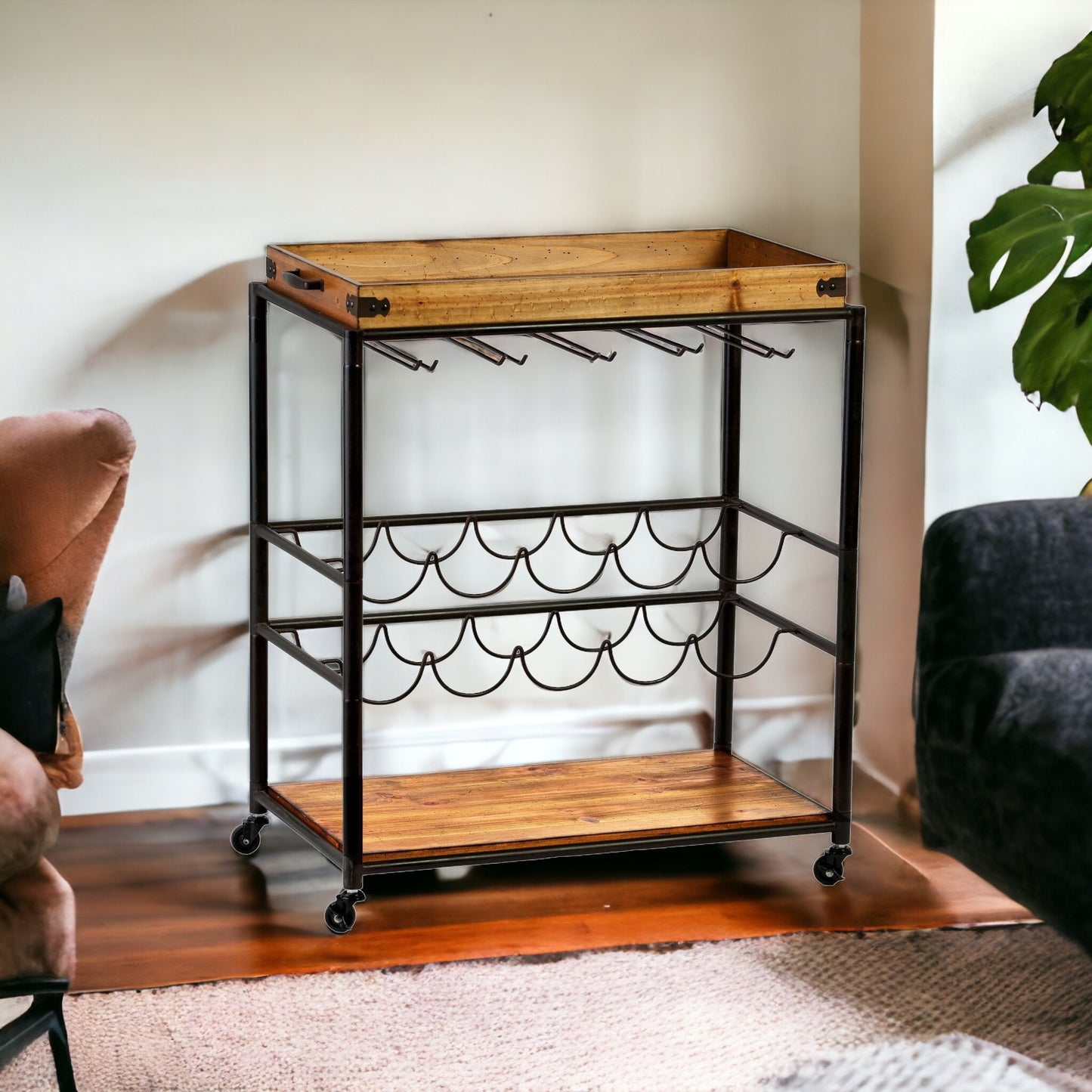 Brown and Black Metal Bar Cart With Wine Storage