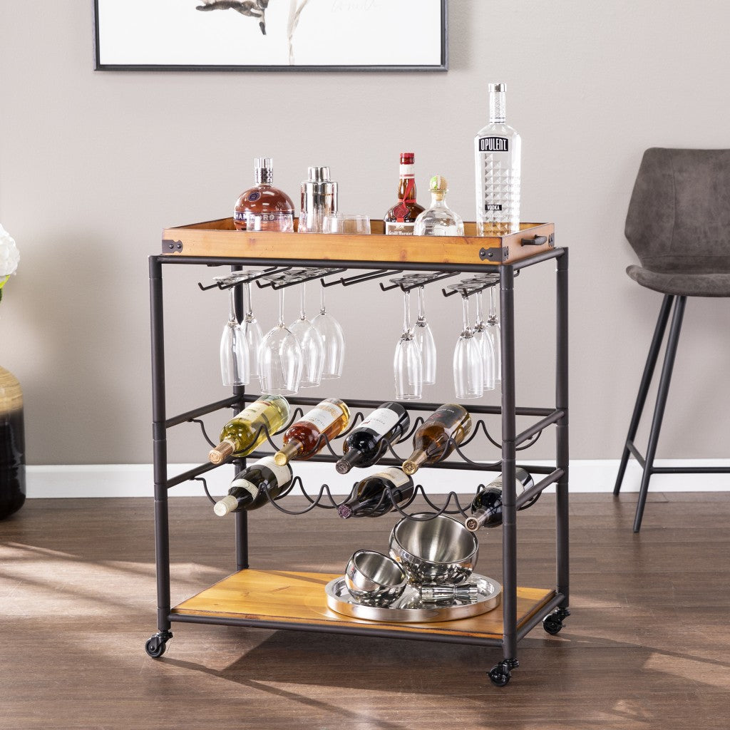 Brown and Black Metal Bar Cart With Wine Storage