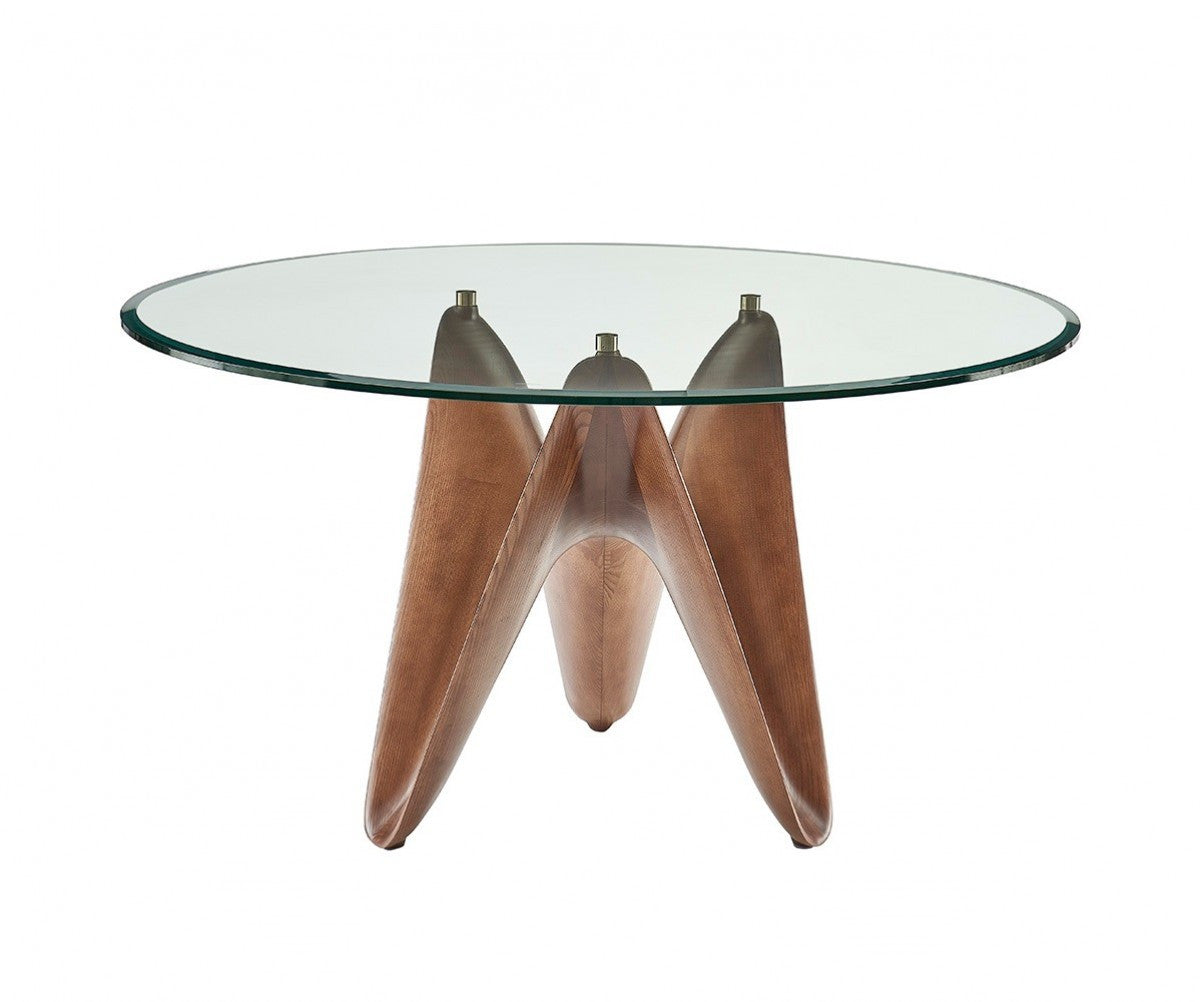 59" Clear And Walnut Rounded Glass And Solid Manufactured Wood Dining Table