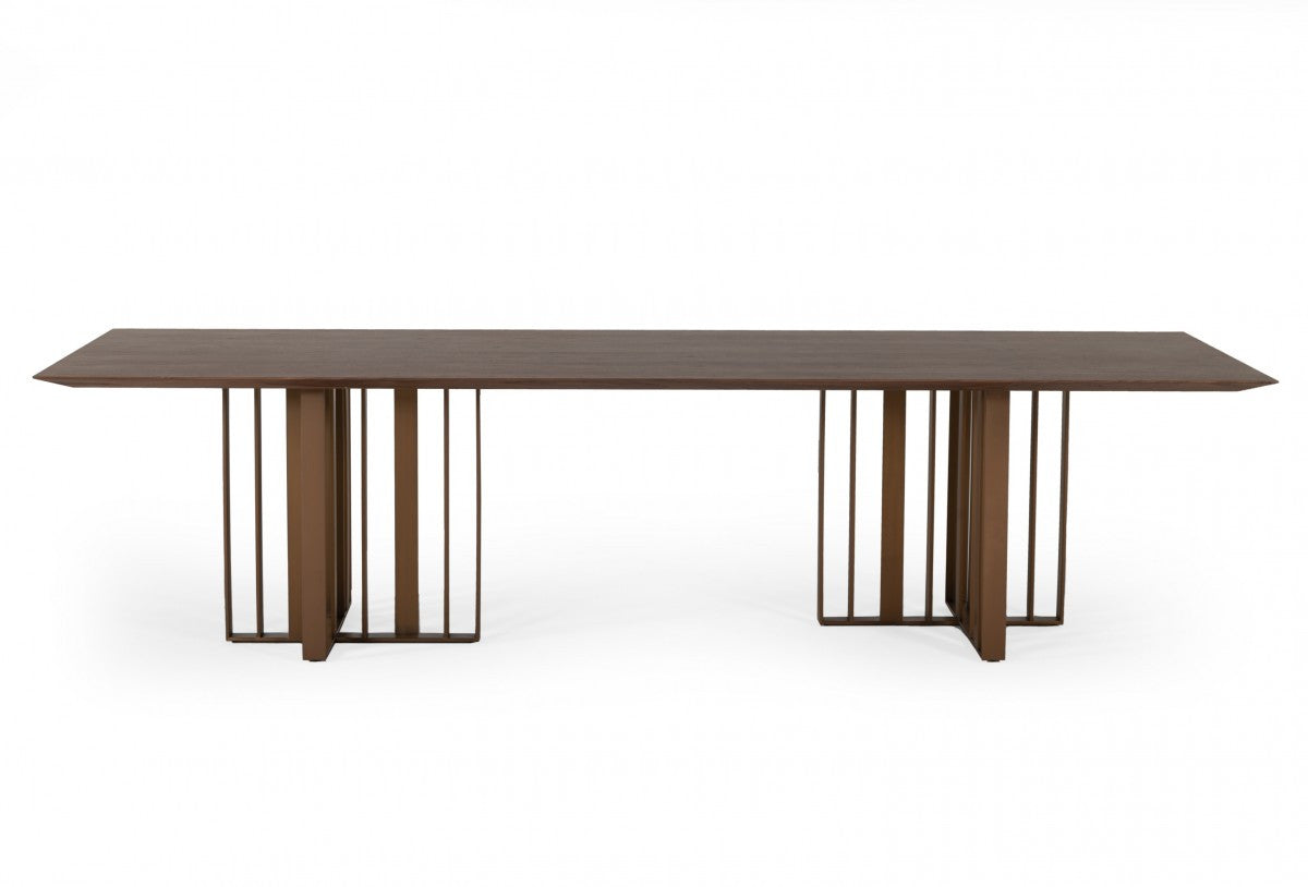 118" Walnut And Brass Rectangular Manufactured Wood And Stainless Steel Dining Table