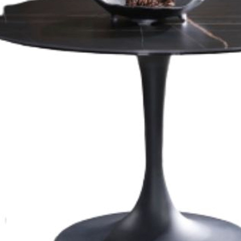 Black Marble Look Glass and Ceramic Pedestal Round Dining Table