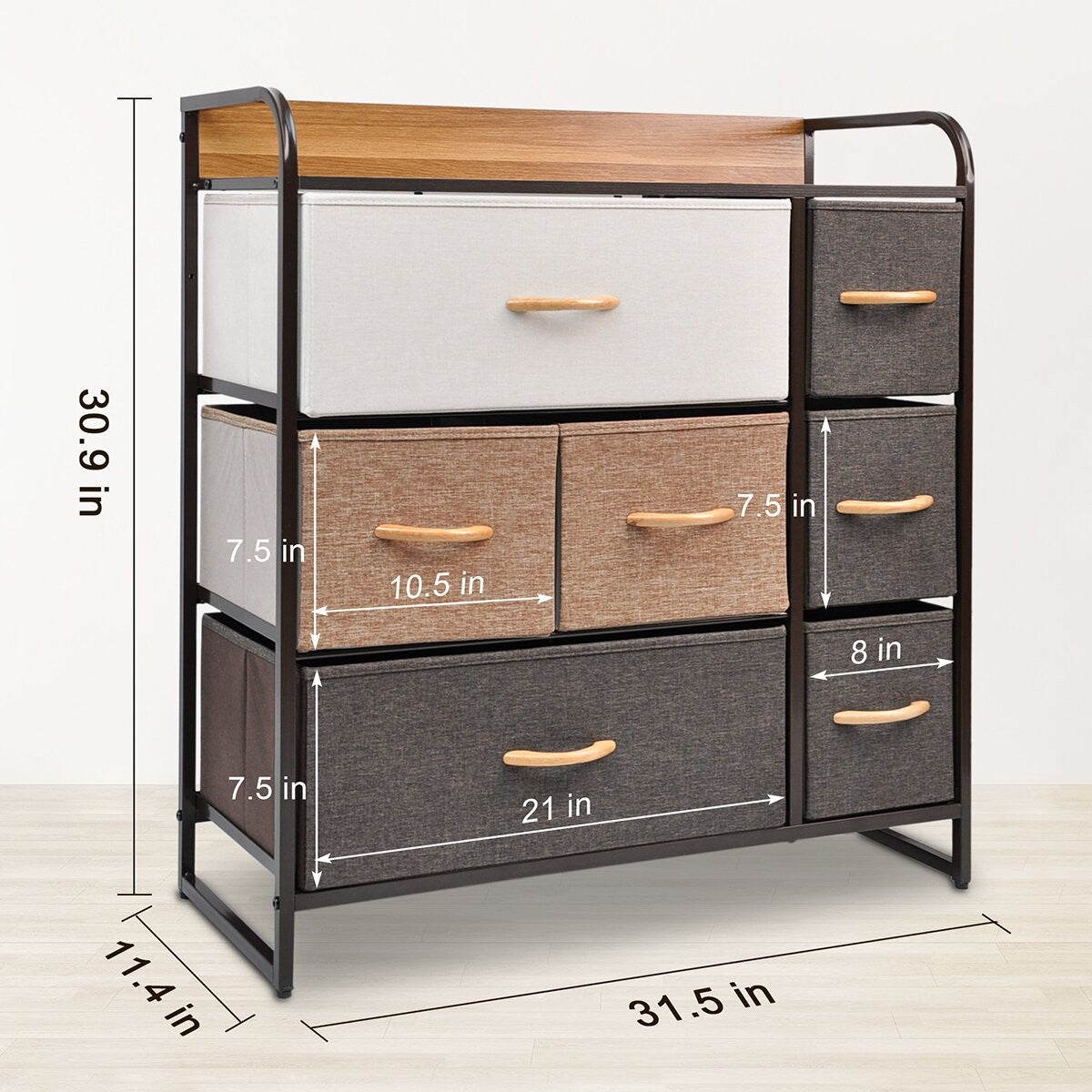 32" Brown Fabric and Steel Accent Chest With Two Shelves And Seven Drawers