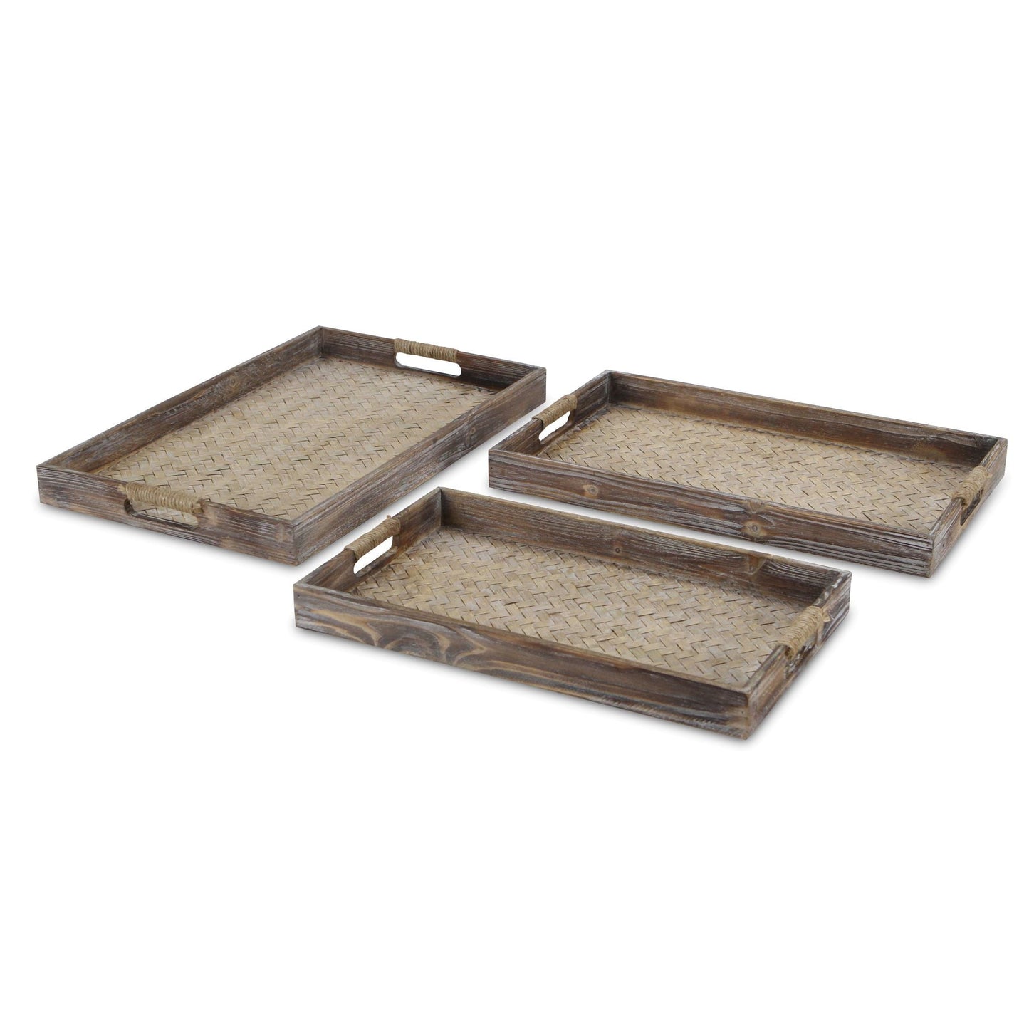 Set Of Three 19" Brown Rectangular Wood Handmade Trays With Handles