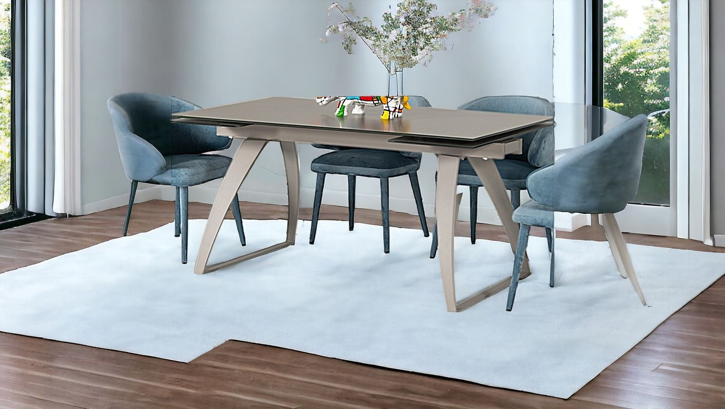 94" Grey Rectangular Glass And Metal Self-Storing Leaf Dining Table