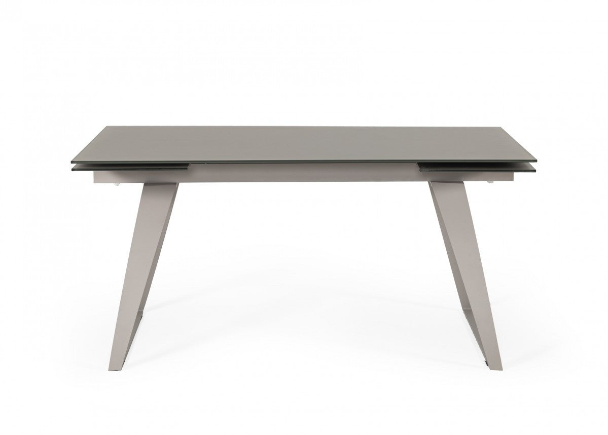 94" Grey Rectangular Glass And Metal Self-Storing Leaf Dining Table