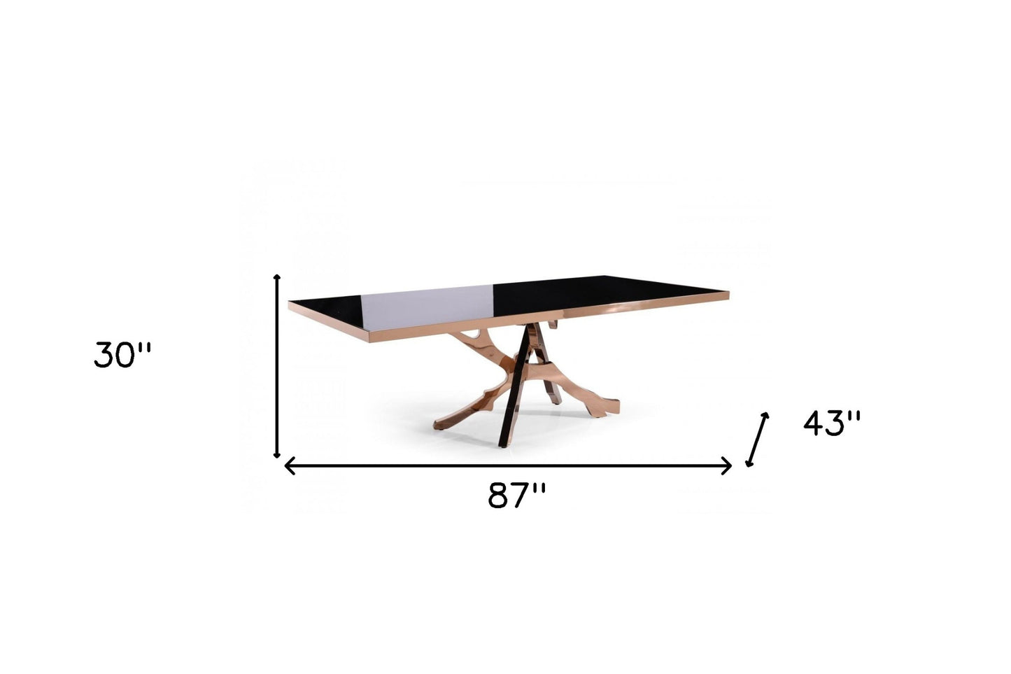 87" Black Glass And RoseGold Abstract Pedestal Base Dining Table