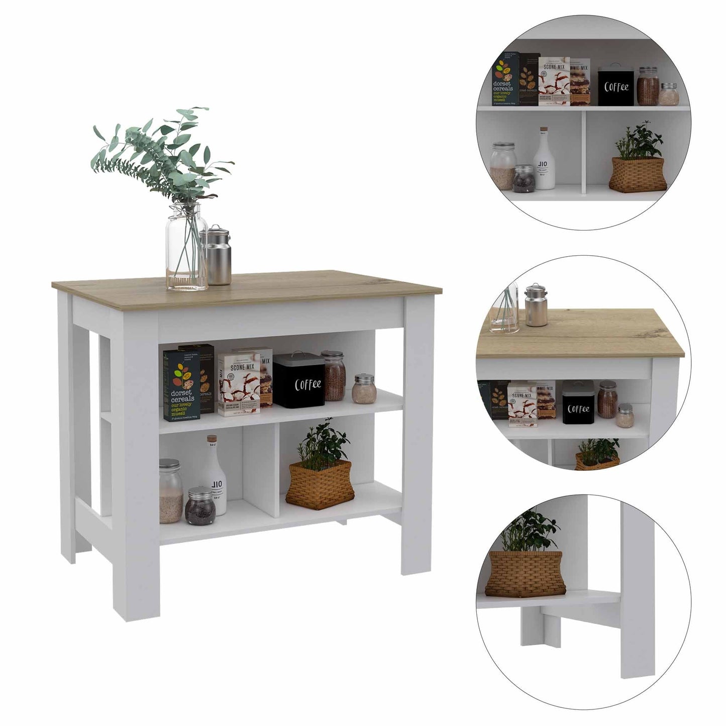 Light Oak and White Kitchen Island with Three Storage Shelves