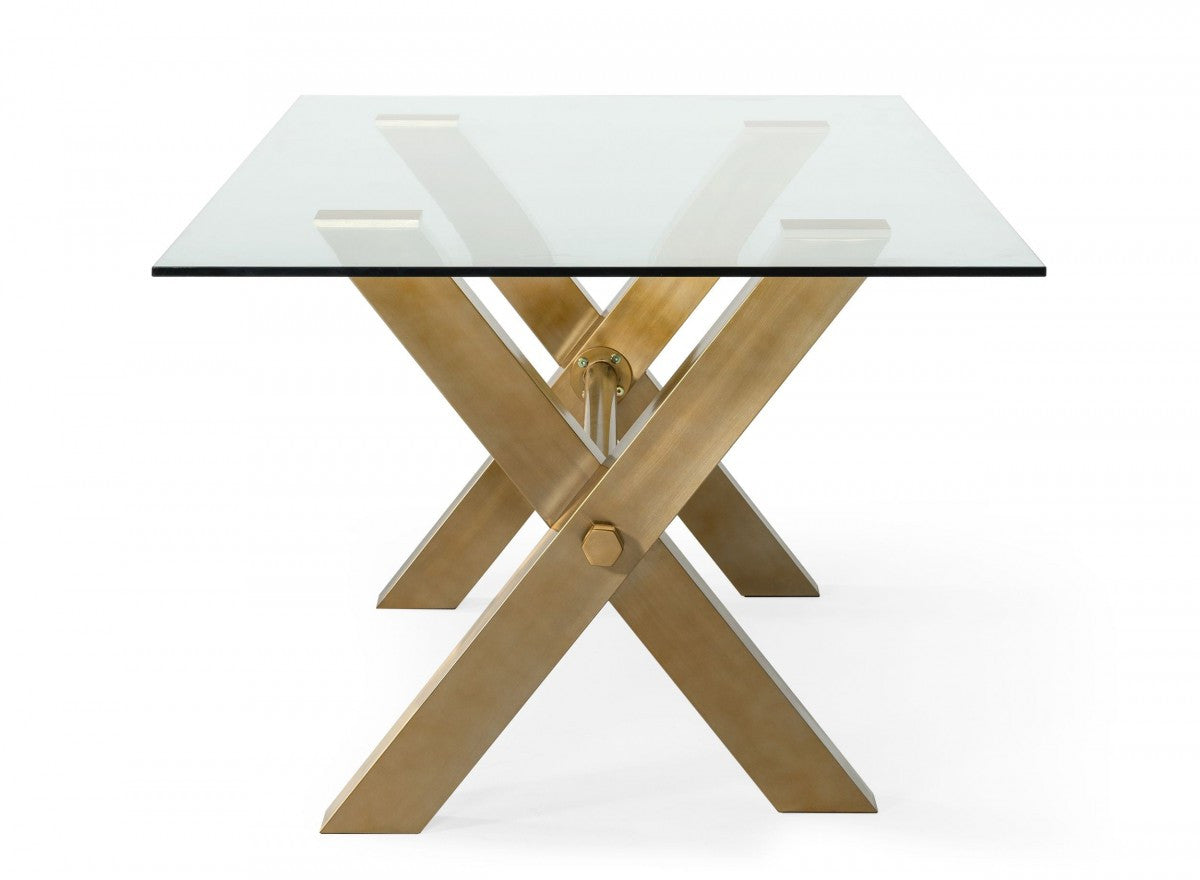 87" Clear And Gold Rectangular Glass And Stainless Steel Dining Table