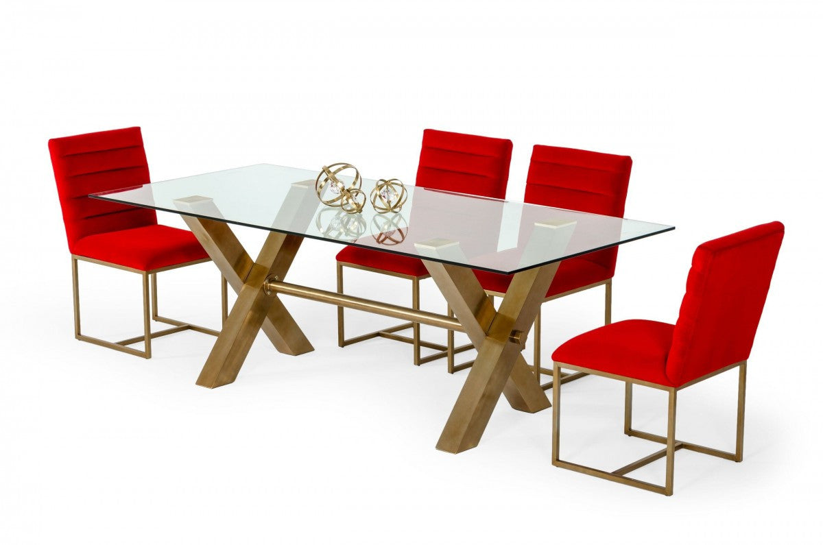 87" Clear And Gold Rectangular Glass And Stainless Steel Dining Table