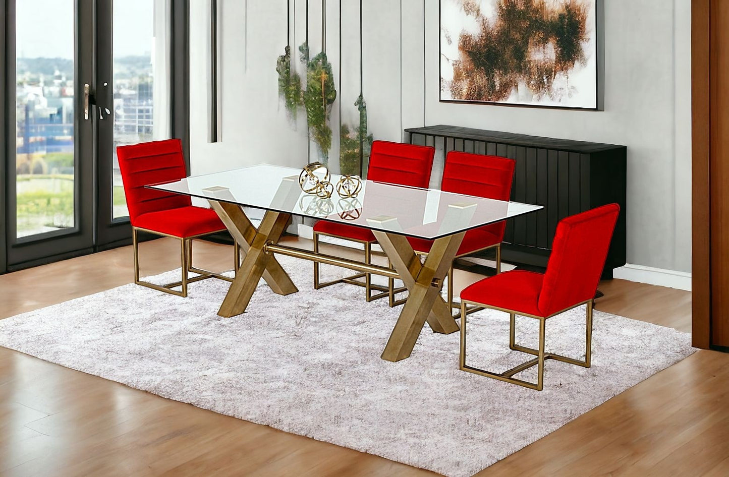 87" Clear And Gold Rectangular Glass And Stainless Steel Dining Table