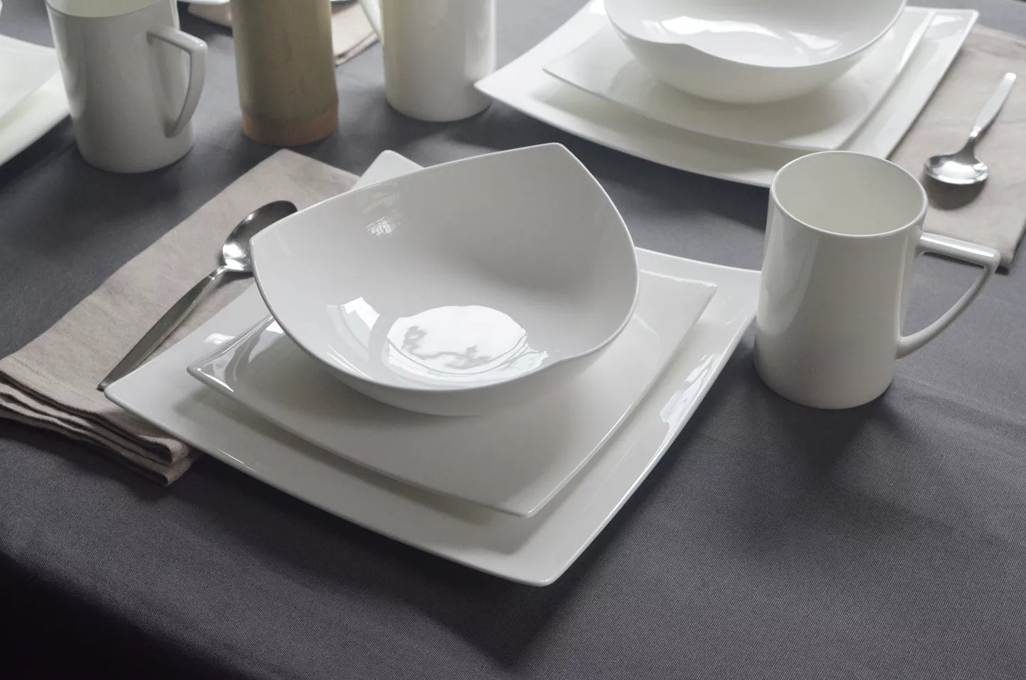 White Six Piece Square Bone China Service For Six Dinner Plate Set