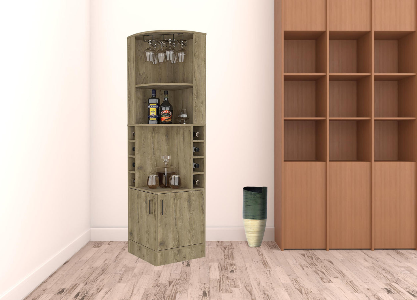 18" Brown Corner Bar Cabinet With Eleven Shelves